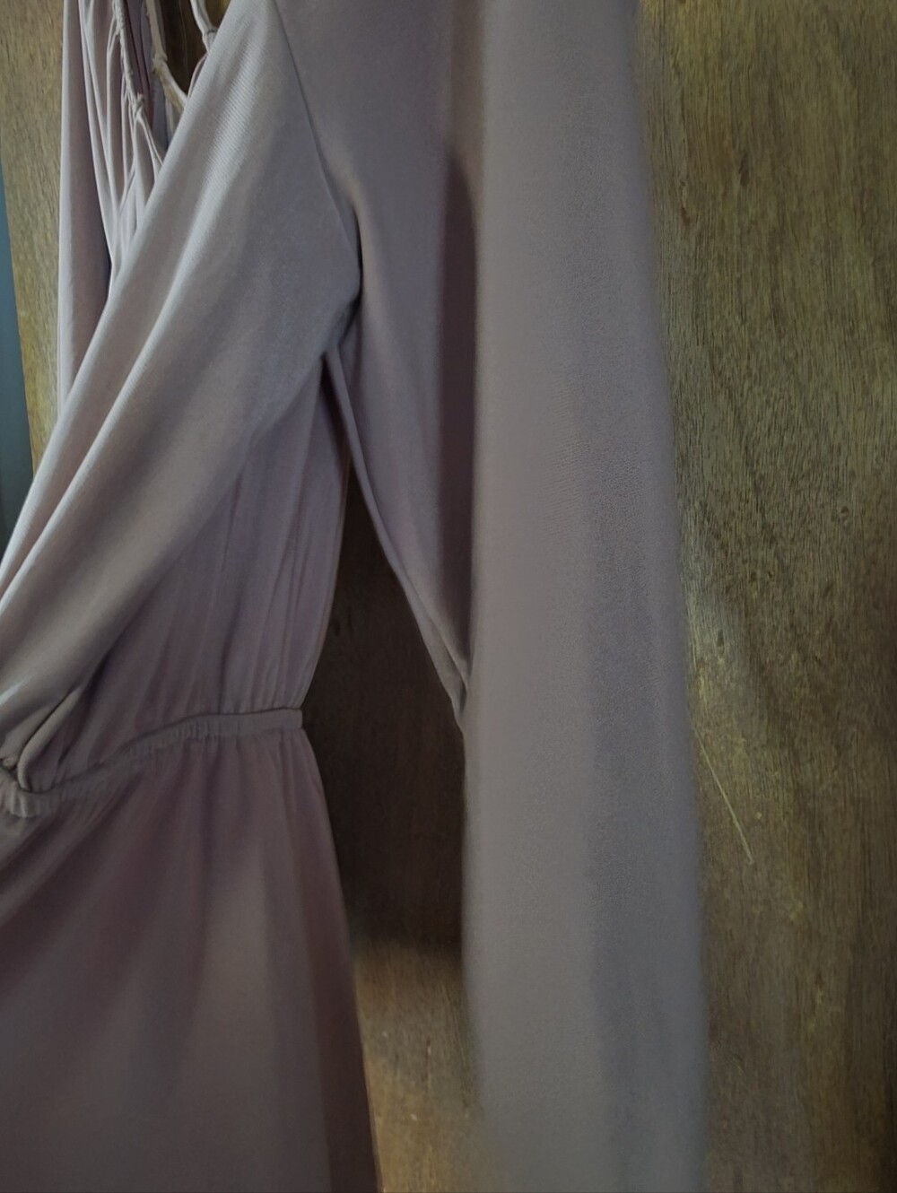 Pretty Taupe w/Hint Of Pink, Flowing Off The Shoulder Dressy Blouse, Tie Back. - Picture 11 of 11